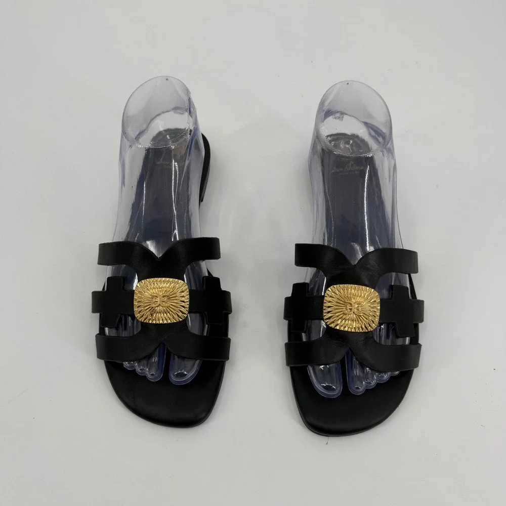 Sam Edelman Bay Radiant Black Leather Gold Medallion Slide Sandals 9.5M